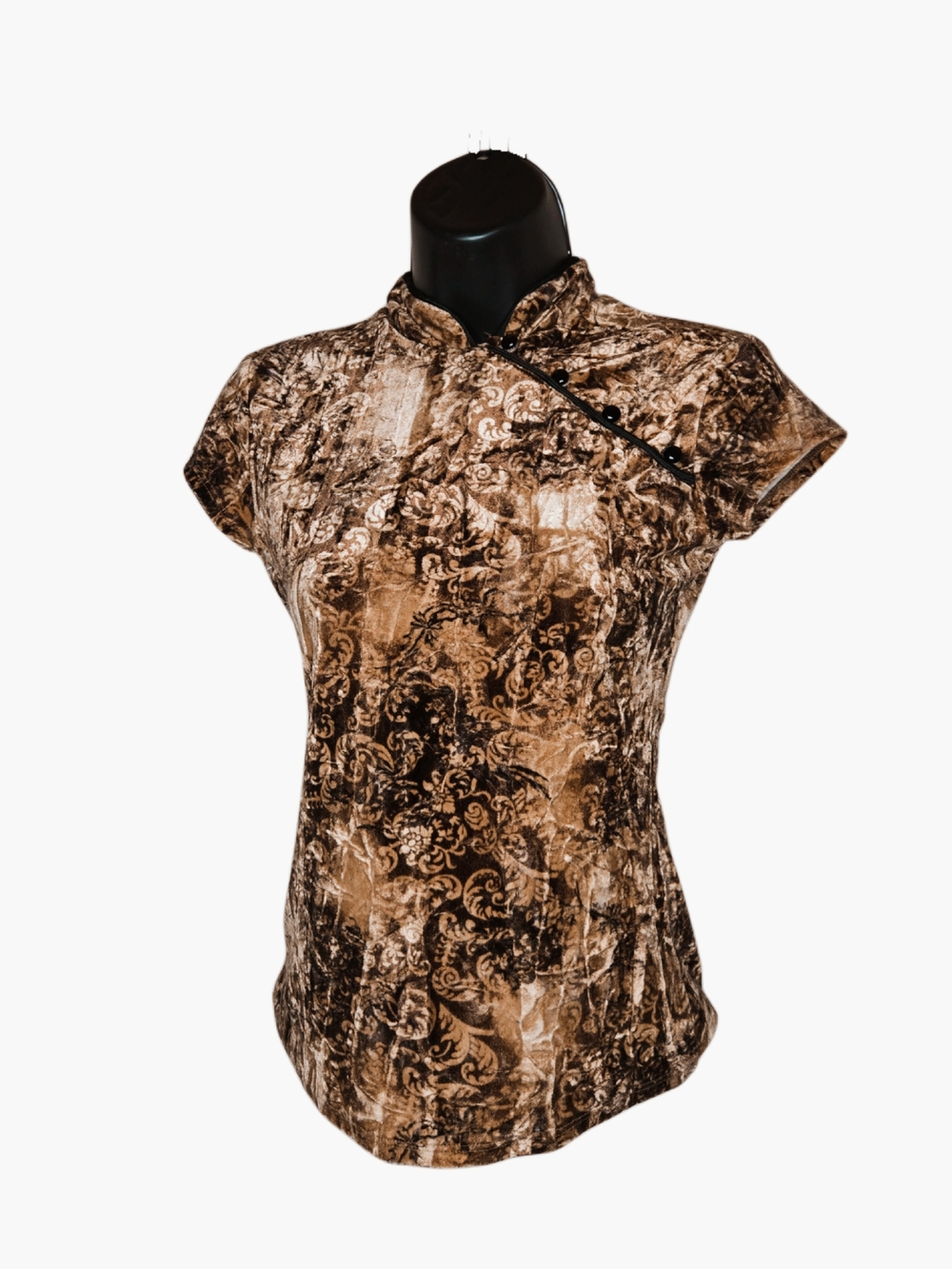 Vintage Y2k Le Chateau Brown Floral Velvet Mandarin Collar Top!